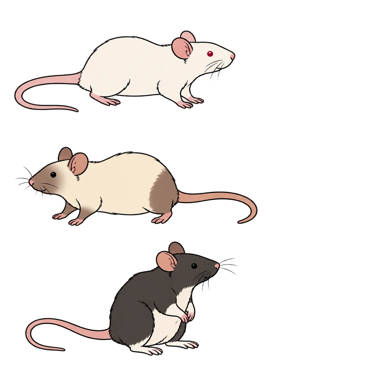 Ilustrações de ratos Twister: Albino branco de olhos vermelhos, Siamês com pontas escuras e Berkshire com barriga branca